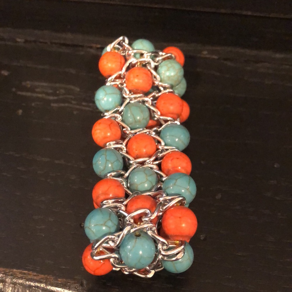 Stretch Bracelet - orange and turquoise - Picture 2 of 4
